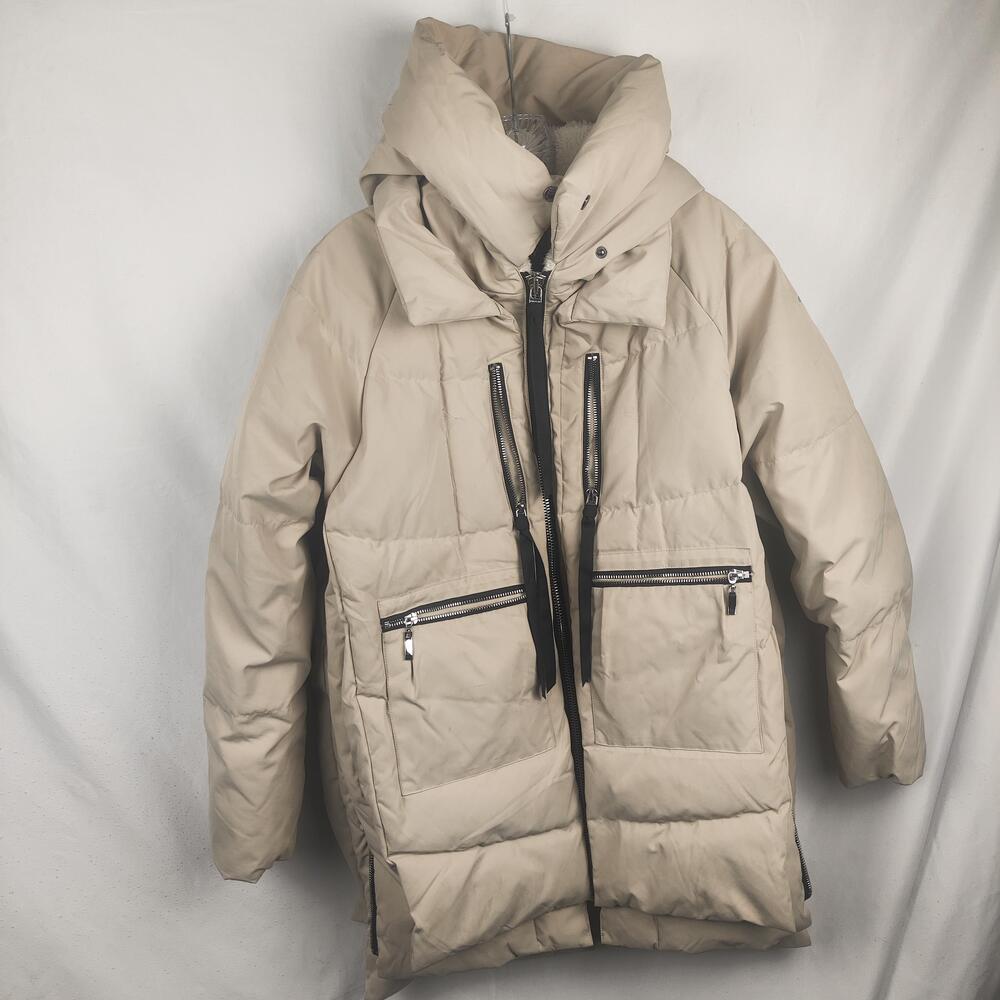 Orolay Coat Womens Medium Beige Hooded Down Puffer Long Zip Pockets Warm Winter